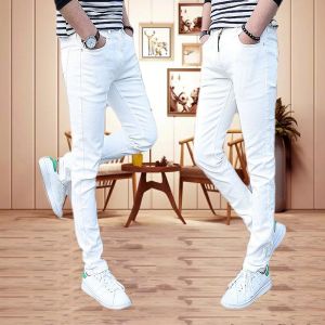 White Pants Men Denim Daily Style Straight-Leg Pants Mid-Waist Elastic Straight-Leg Trousers Fashion Slim-Fit Versatile Mens Pants