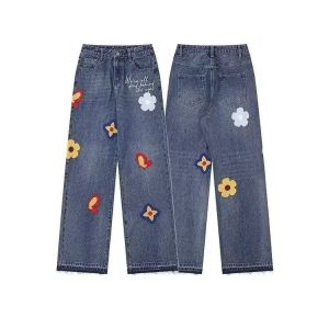Retro Creative Flower Towel Embroidered Jeans Men Wide-Leg Straight Loose Denim Pants Street Wear