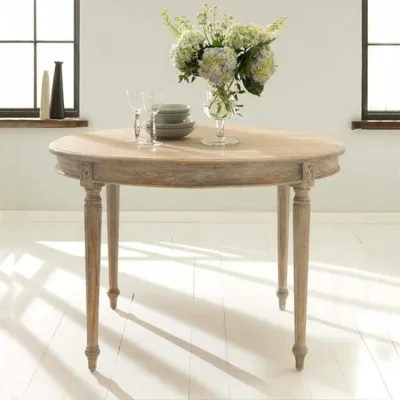French Oak Weathered round Dining Table And Chairs American Style Small Apartment Weathered White Solid Wood for 4 to 6 People