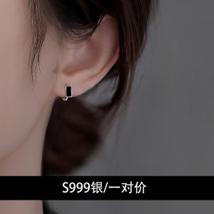 Miss Z 999 Pure Silver Black Square Ear Clip Sterling Silver Earrings 2024 New Arrival Best Selling Hong Kong Style Retro Earrings for Men and Women