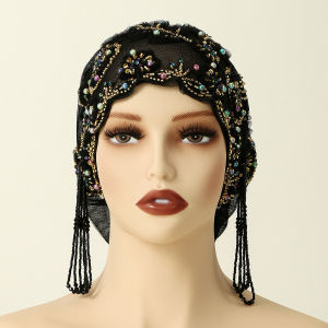 Muslim Lace Pearls Hat Caps Mesh Fabric Bead Tube Paired With An Acrylic Diamond Thread Embroidered Hat For Dubai Arabian Women