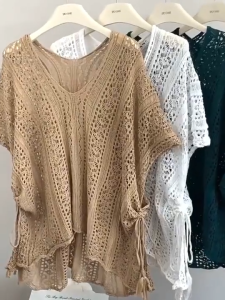 AB [ready stock] Knitwear Women V-neck Hollow Short-Sleeved  Thin Design Sense Niche Unique Chic Loose Smock Top