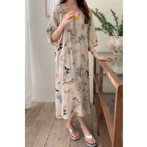 New Summer Chinese Style Cotton Silk Sleep Dress Womens plus Size Gauze Dress Hollow out round Neck Short Sleeve Dress