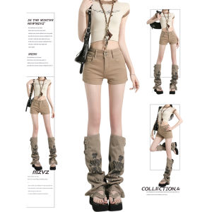 MZVZ | Retro American Style Khaki Double Buckle Denim Shorts