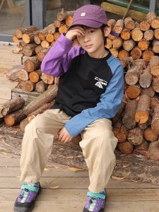 Camping Style Long Sleeve T-Shirt for Boys Color Block Shoulder Print Outdoor Spring Fashionable Childrens Clothing