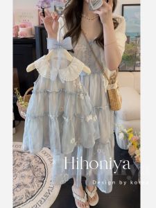 Sweet Mother Daughter Matching Embroidered Floral Dress Korean Style Cotton Blend Sun Protection Doll Collar Dress for Summer