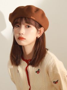 Woolen Octagonal Bud Hat Womens Mid-Length Lockbone Hair Autumn Winter Painter Cap Fashionable Versatile Natural Style