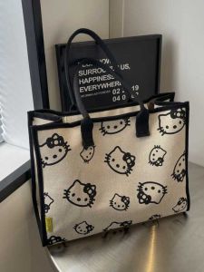 Large Capacity Canvas Tote Bag Womens 2024 New Cartoon KT Cat Handheld Shopping Bag Casual Versatile Single Shoulder Bag