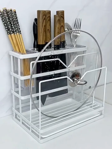 Giá cài dao thớt dán tường HOMELOVE Kệ đựng dao thớt khung thép carbon hạn chế gỉ sét màu xám đậm có khay hứng nước