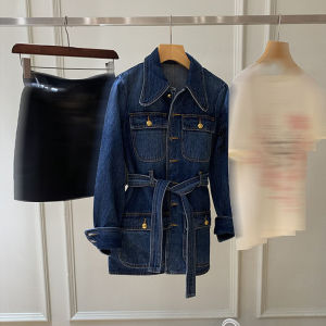 Blue Denim Jacket Salt System Versatile Spring 2025 Workwear Design Womens Fashion Straight Cut Long Sleeve Polo Collar Coat