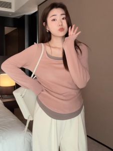 พลัสไซส์ เสื้อยืดแขนยาว ผู้หญิง สลิมฟิต ยืดได้ เสื้อฐานคลุมเนื้อ อินเทรนด์ เสื้อท่อนบน ชุดทํางาน ผ้าถัก ฤดูใบไม้ร่วง 2024