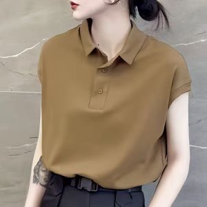 เสื้อยืดคอโปโลสีพื้นสำหรับผู้หญิง แขนสั้น ทรงหลวม ระบายอากาศได้ดี ทรงปกติ ฤดูร้อน 2025 จีนแผ่นดินใหญ่