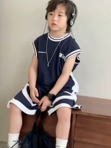 Bộ quần áo sát nách trẻ em Màu xanh than mùa hè 17kg - 48kg cho bé trai chất cotton cá sấu ( Set gồm áo và quần)