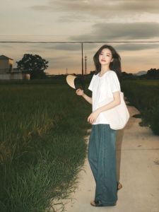 Summer Womens Pure Cotton White Shoulder Baring Loose Short Sleeve T-Shirt Atmosphere Sensation Lazy Style Top round Neck