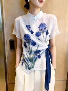 KUNAILIN | Elegant French Design Floral Print V-Neck Tied Waist Short Sleeve Top White