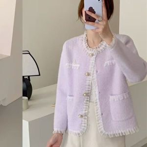 Áo Khoác Len Cổ Tròn Viền Ren Sang Trọng Cho Nữ Áo Len Cardigan Hở Tay Dài Tay Màu Trơn Cài Nút Mềm Mại Thoải Mái