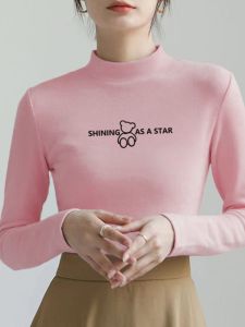 เสื้อยืดคอตั้งทรงสลิมฟิตสำหรับผู้หญิง เสื้อชั้นในขนแกะหนา แขนยาว สีขาว ฤดูใบไม้ร่วง/ฤดูหนาว เสื้อผ้าทำงานสไตล์เกาหลี