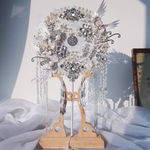 Wedding New Bride DIY Material Pack Handmade Silver Blue Double-Sided Finished Product Chinese Style Court Fan Home Decor