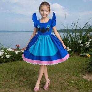 2026 Halloween Christmas Festive Party Disney Girls Cosplay Stitch Doll Fantasy Blue Cute Short Sleeve Dress + Accessories Set