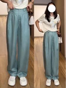 กางเกงขายาวทรงหลวมผ้าลินินลายลำไยบางสำหรับผู้หญิง กางเกงขายาวทรงตรงเอวสูงสไตล์เกาหลี ฤดูร้อน 2024