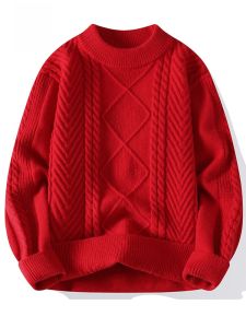ROMON | Romon Mens Knitted Sweater Round Neck Big Red Dragon Year Pattern Winter Fashion Casual Loose Fit Knitwear For New Year Celebration