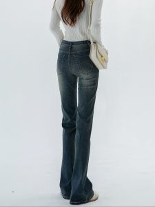 High Waist Cotton Stretch Denim Bell Bottom Pants Womens Retro Style Slim Fit Spring Autumn Deep Color Hot Girl Jeans