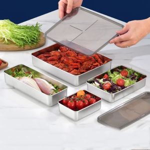 304 Stainless Steel Meat Fruit Fresh-keeping Box with Sealed Lid Fridge Organizer Food Storage Container Freezer Food Plates