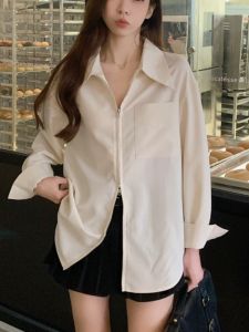 Casual Large Size Womens French Zipper White Long Sleeve Shirt for Autumn Fashion Slimming Design Elegante Blouse