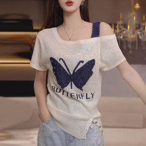 Shalldoer | Áo thun dệt kim tay ngắn thêu bướm thời trang mùa hè cho nữ Áo hở vai phong cách Hàn Quốc thường ngày Áo chui đầu
