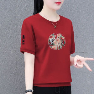 Pure Cotton Short Sleeve T-Shirt New Chinese Style Womens Casual Fashion Summer Top Mid-aged Stylish Printed round Neck Tee