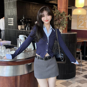 Áo Thun Hai Mảnh Màu Tương Phản Phong Cách Đại Học JUST CC Thiết Kế Áo Sơ Mi Nữ Dài Tay Thường Ngày Mùa Xuân 2024