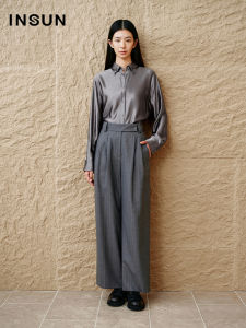 Insun Autumn Color Woven Stripe Pleated Wool Straight Leg Pants Elegant Simple Style Casual Trousers for Women