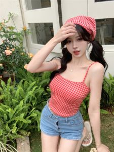 GUZILIAN | Sweet And Spicy Girl Pure Desire Plaid Mini Strap Vest Women Summer Small Size Short Slim Fit Sleeveless Top Fashionable Casual Wear