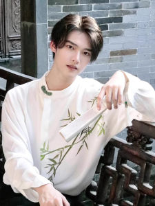 New Chinese Style Long Sleeve Printed Loose Mens Shirt Stand Collar Casual Outerwear Hanfu Ethnic Clothing Autumn Fashion