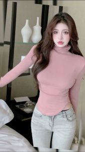 ꕥCatalog Fashionꕥ เสื้อแขนยาวคอเต่า ชายโค้งตัวยู ผ้านิ่มเด้ง สีพื้น 4 สี