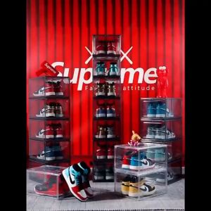 Shoe Storage Box Clear Plastic Stackable Shoe Box Drop Front Shoe Box with Clear Door Shoe Organizer and Shoe Containers For Sneaker Display Space Saving Foldable Shoe Rack Bin Holder Stackable Easy Assembly