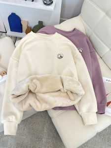 เสื้อสเวตเตอร์คอวีบุขนแกะหนาสำหรับผู้หญิง ทรงหลวม แขนยาว ปกติ ฤดูใบไม้ร่วง/ฤดูหนาว สไตล์เกาหลี คอกลม อบอุ่น เสื้อชั้นใน