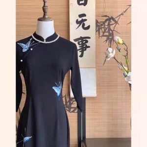 Butterfly Stitching Black Slimming Young Womens Qipao Dress Chinese Style Long Slant Collar Polyester Fiber Breathable Long Sleeve