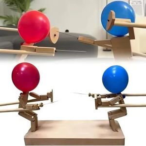 Handmade Wooden Balloon Battle Game for Two Players Fast-Paced Bamboo Man Fencing Puppets Wooden Bots Battle Game