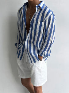 DAVID&ME | Long Sleeve Blue Vertical Stripe Slim Fit Shirt Men Spring Lightweight