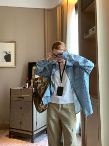 Blue Plaid Loose Womens Shirt Korean Style Fashionable Lazy Top PPBCF 2025 Autumn Collection UV Protection Long Sleeve Polo Collar