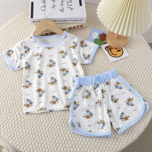 ชุดเด็กผ้าฝ้ายผสมฤดูร้อน ชุดนอนแขนสั้น ชุดนอนฤดูร้อน เสื้อยืด กางเกงขาสั้น เสื้อผ้าเด็กชาย เสื้อผ้าเด็กผู้หญิง ชุดนอน