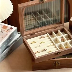 Hard Velvet Jewellery Organizer Walnut Pattern Case For Ring Necklace Earring Korean‑Style Bedroom Home Storage