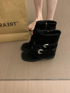 Black Rivet Clip-Toe Booties Womens Summer New Mid-Cut Roman Style Fashion Boots Ultra-Fine Fiber Leather High Heels