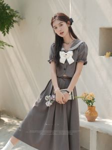 Grey Short Shirt Skirt Set Womens Summer Pleated Mini Skirt Fashionable College Style Ensemble by Lu Xiang Nan LXN305155