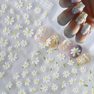 1Pcs 5D Elegant White Daisy Nail Stickers Japanese Cute Flowers Self-Adhesive Nail Decorations Slider 8*10cm Manicure DIY Decals