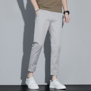 ROMON | Lormen Mens Slim Fit Casual Pants Nine Points Thin Cotton Business Straight Leg Summer Ice Silk Suit Pants Youth Vitality Style
