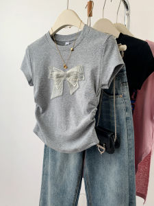 YIFENGXIN | Grey Bow Shoulder Short Sleeve Tee for Petite Women Slim Fit