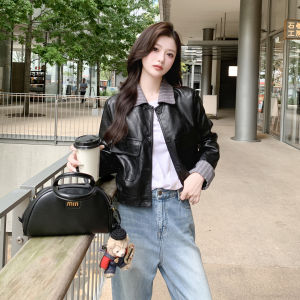Black Cool Stripe Splicing Short PU Leather Jacket Womens Fashion Street Style Autumn New Arrival Small Size Zipper Closure