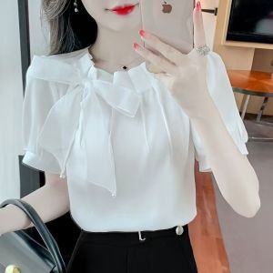 French Sweet Design Butterfly Knot Short Sleeve Chiffon Shirt Womens Summer New Elegant round Neck Pleated Shirt Korean Style